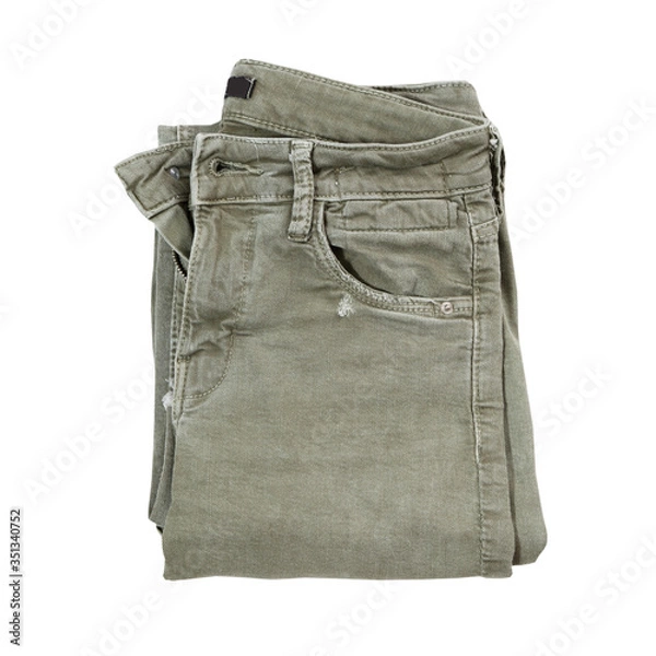 Fototapeta Folded khaki pants on white background top view, fashion, style concept - Chino pants isolated on white background, khaki color, green casual pants