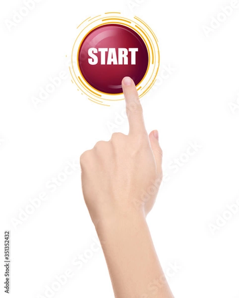 Fototapeta Woman pressing start button on white background, closeup