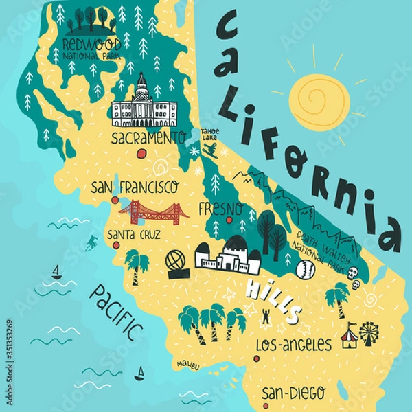 Fototapeta California state funny and colorful hand drawn map with landmarks and biggest cities points lettering. Flat vector illustration.