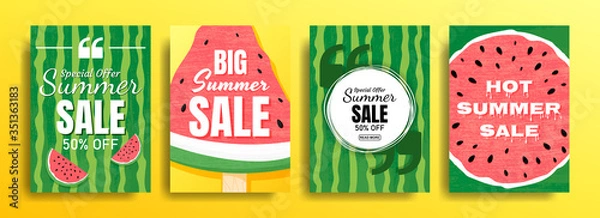 Obraz Set of empty templates with summer themes on a watermelon background. Design of advertising banners. Vector illustrations for websites and mobile websites, email design, posters, promotional materials