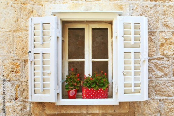 Obraz Old Shutter windows with a flowers. Montenegro.