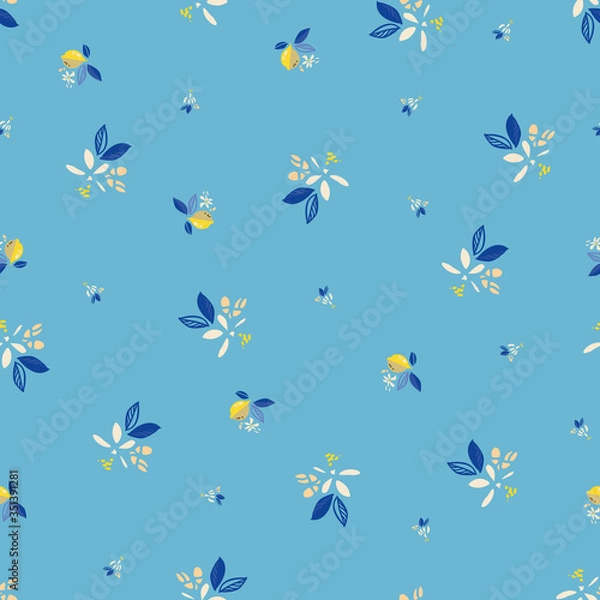 Fototapeta Vector blue ditsy floral summer lemon pattern. Hand drawn textured citrus fruit pattern with blossom and leaf on cyan background. Modern yummy backdrop.