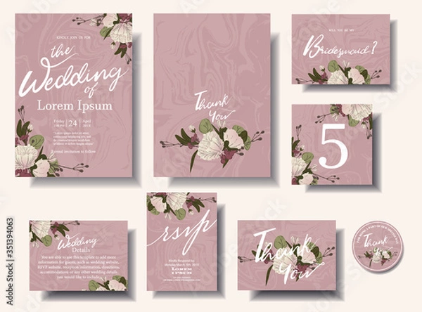 Fototapeta Lovely sweet pink wedding invitation card set, marble pattern decorated with floral writing pattern.rsvp.thank you card.number sign. Illustration/Vector