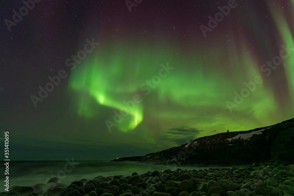 Obraz Aurora borealis, northern lights in the north of norway above snowy hills