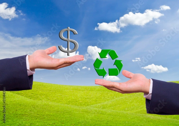 Fototapeta business man hand exchange dollar sign and recycle icon