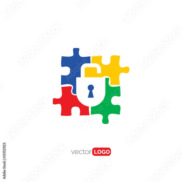 Fototapeta puzzle with unloked padlock, autism Logo Design Vector Template Illustration