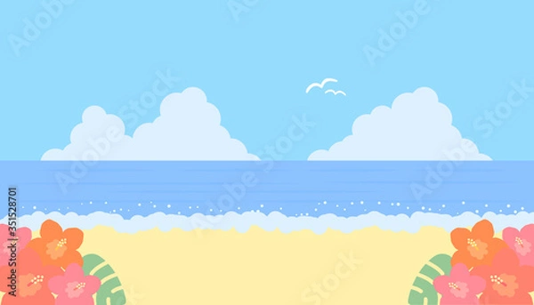 Fototapeta 夏の海とハイビスカス　背景イラスト