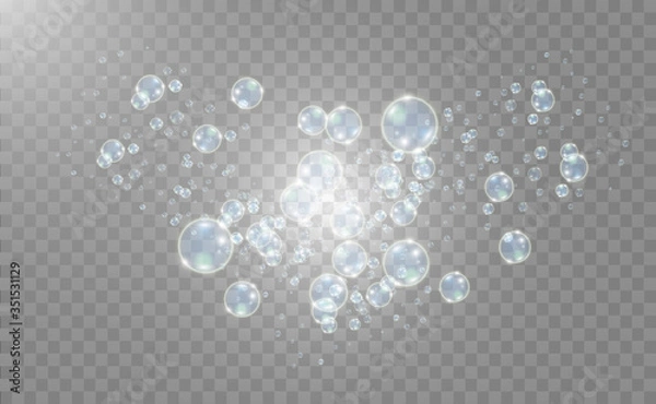 Obraz White beautiful bubbles on a transparent background vector illustration. Soap bubbles.
