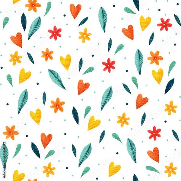 Fototapeta Decorative seamless pattern with decorative flowers and hearts.