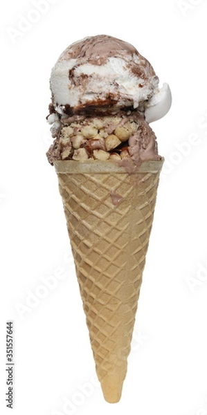 Fototapeta Cones with different flavored ice cream scoops isolated on white background with clipping path