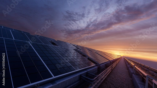 Obraz Solar Panels with the Sun Beyond the Horizon 3D Rendering