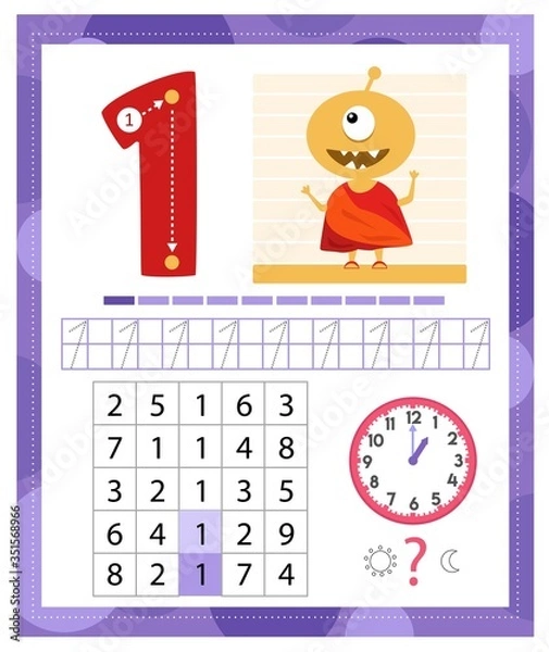 Fototapeta Learning Number 1 with funny monster. Coloring printable worksheet for kindergarten and preschool. One. Handwriting practice. Coloring book. 