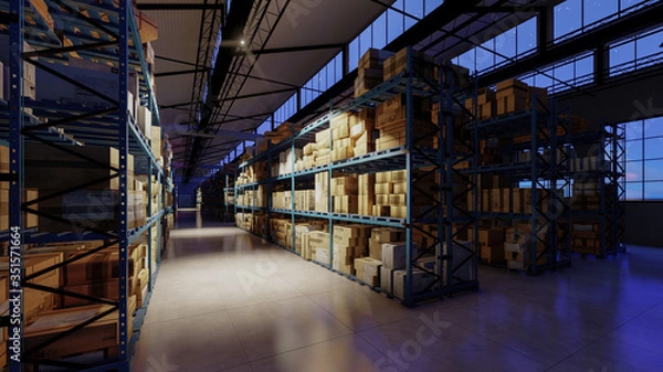 Obraz Warehouse Interior with Nighttime Sky Outside the Windows 3D Rendering