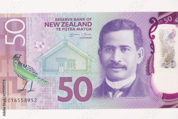 Fototapeta Close-up of New Zealand 50$ dollars banknotes, Macro shot of New Zealand currency.