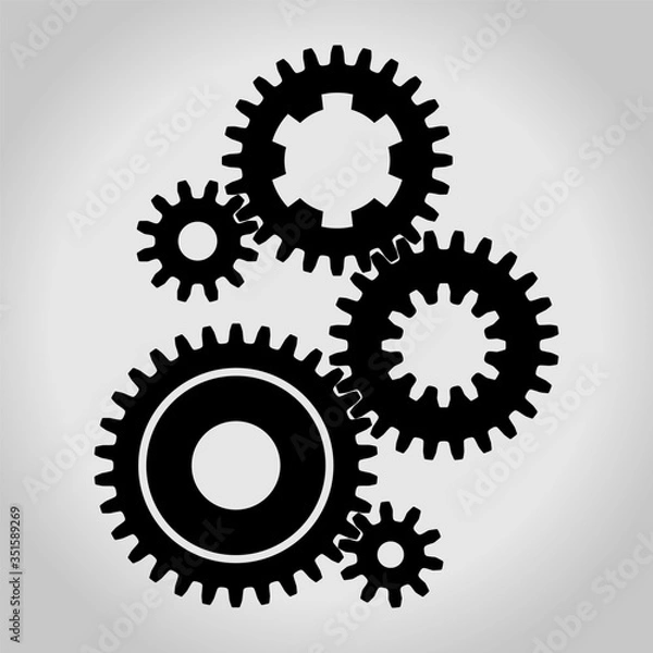 Fototapeta Silhouette of a mechanical gears & cogwheel set, large and small sprockets 5 pieces. Vector illustration.
