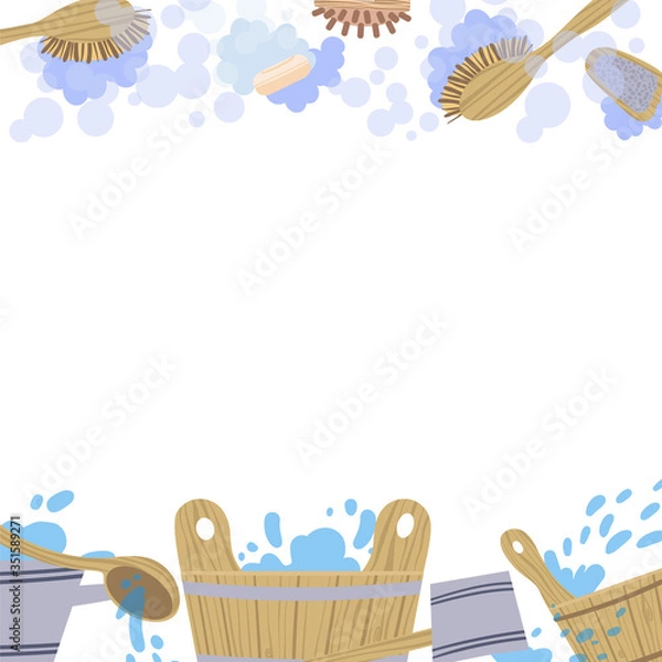 Fototapeta Frame with attributes and detals for sauna bath. Vector illustration.