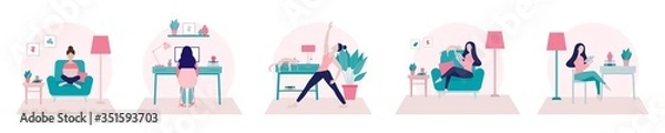 Fototapeta Stay home concept.Girl doing yoga,working from at home office and surfing on internet using tablet.Self isolation, quarantine due to Coronavirus. Set of flat vector illustration of home activities.