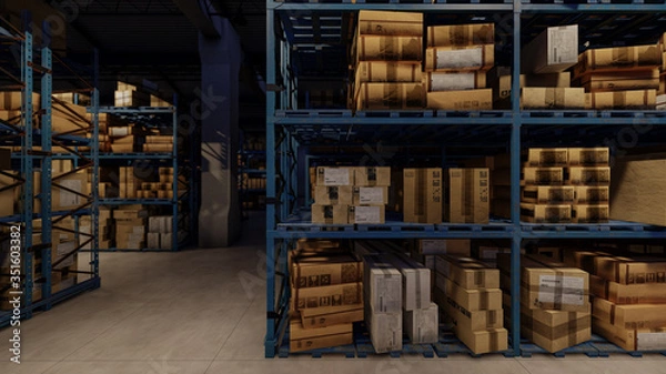 Obraz Cardboard Boxes Stored Inside an Illuminated Warehouse 3D Rendering