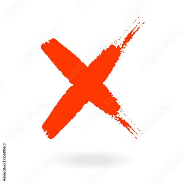 Fototapeta X. Red Letter X made with ink. Mark grunge style. Red cross sign. Dry brush strokes, hand drawn.