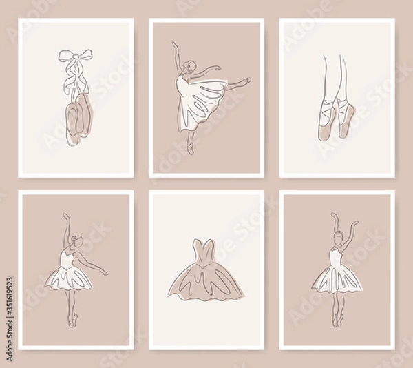 Fototapeta Ballet greeting cards set. Elegant hand-drawn art line icons of ballerina, pointe shoe and dress. Linear brush sketch with shadow silhouettes. Contour drawing composition. 