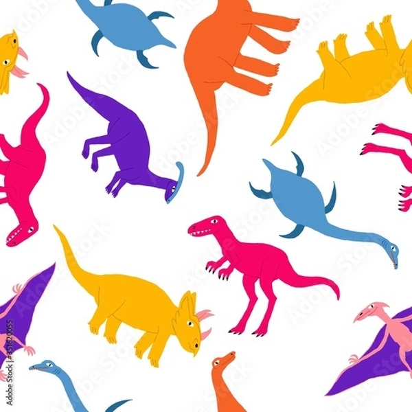 Fototapeta Fun seamless pattern with cute marine, flying and land dinosaurs. Large extinct reptile. Dino print design for kid textile, wrapping paper. Flat style drawing. Stock vector illustration.