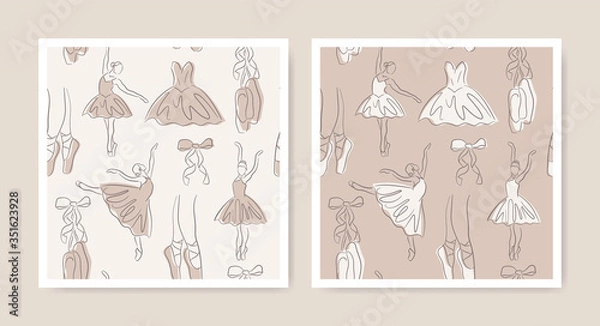 Fototapeta Ballet outline seamless patterns set. Hand-drawn art line icons of ballerina, pointe shoe and dress. Linear brush sketch texture with shadow silhouettes. Contour drawing theater wallpaper design.