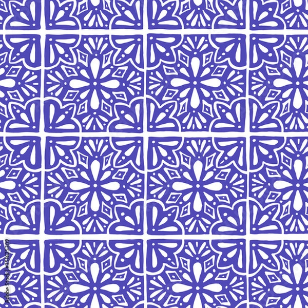 Fototapeta Vector Portuguese azulejo tiles. Blue and white hand drawn seamless pattern. For scrapbooking, wallpaper, web background.