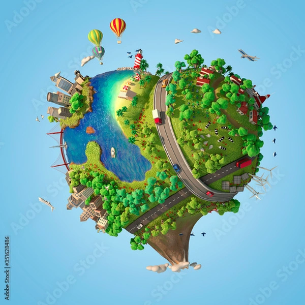 Fototapeta Heart shaped world showing a peaceful and sustainable lifestyle, green planet with clean energy and happy mood in sunny day as concept for love and peace. 3d render