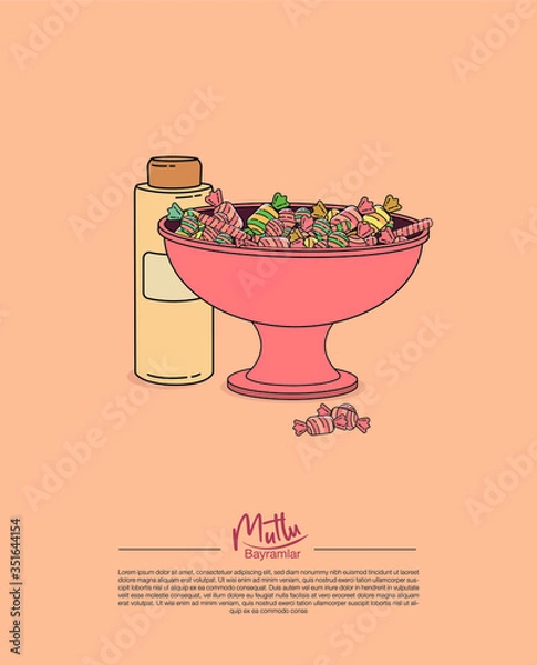 Fototapeta a pink bowl with colorful candies and a bottle of eau de cologne which are the main offerings to the guests during ramadan feast and feast of sacrifice and a text saying ' have a happy feast'