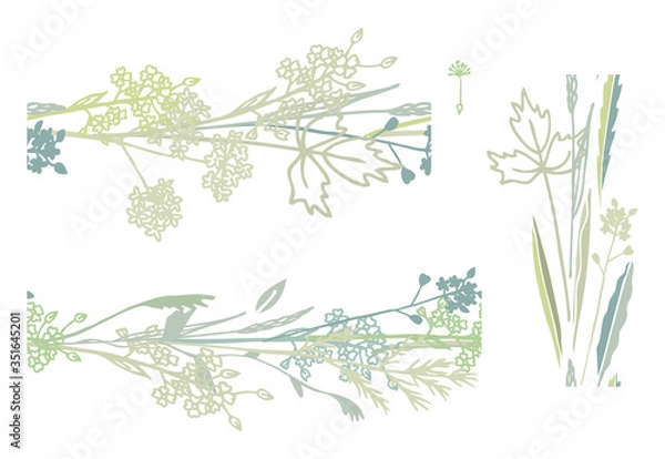 Fototapeta Isolated on white vector set of 3 horisontal pattern brushes with wild grass and leaves