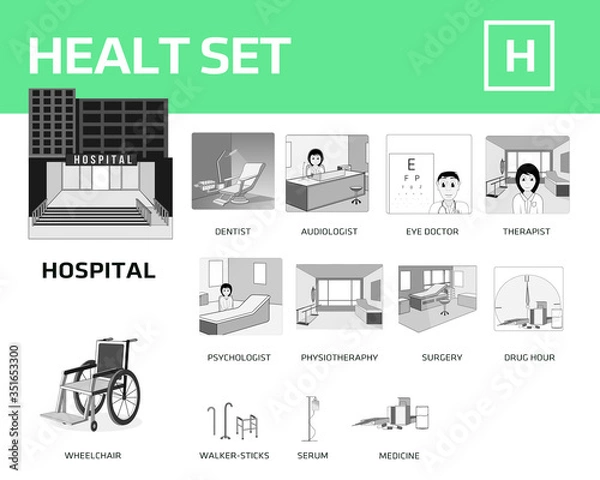 Fototapeta an illustration set of people, places and objects related to health sector