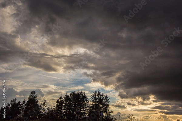 Fototapeta Cloudy and dramatic sky with green field and trees