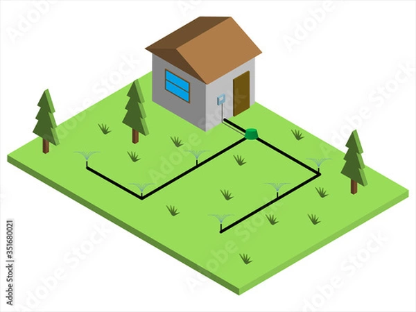 Obraz Sprinkler system for automatic watering and irrigation of lawns flower beds plants flowers scheme circuit outline. layout drawing. Isometry.