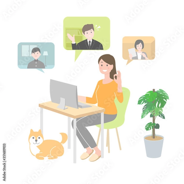 Fototapeta リモートワーク　テレワーク　在宅勤務　女性　リモート会議