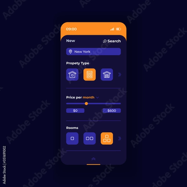 Fototapeta Buy property smartphone interface vector template. Mobile app page dark blue design layout. Choosing accomodation type screen. Flat UI for application. Select options for apartment. Phone display