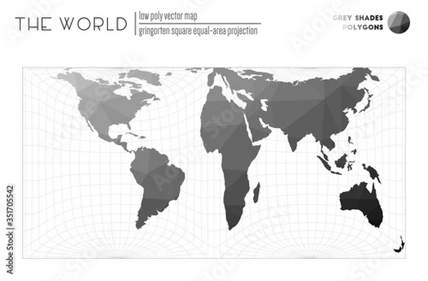 Fototapeta World map in polygonal style. Gringorten equal-area projection of the world. Grey shades colored polygons. Modern vector illustration.