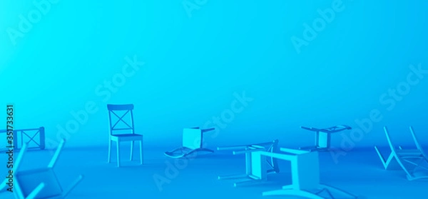 Fototapeta One chair stands upright and the others are overturned on a blue background 3d render 3d illustration