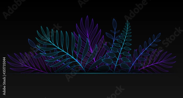 Fototapeta Vector illustration in neon gradient style and space for text. Black background with exotic plants and tropical leaves. Fluorescent backdrop for greeting cards, posters, banners, social media and etc.