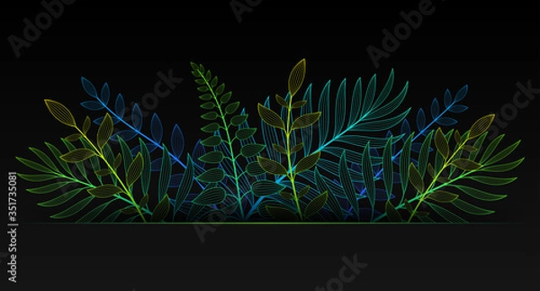 Obraz Vector illustration in neon gradient style and space for text. Black background with exotic plants and tropical leaves. Fluorescent backdrop for greeting cards, posters, banners, social media and etc.