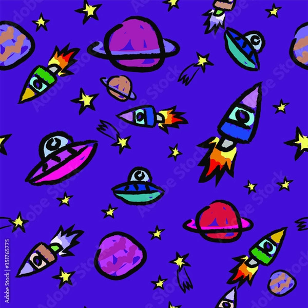 Obraz Cute Planets And Rocket Kids Pattern Seamless