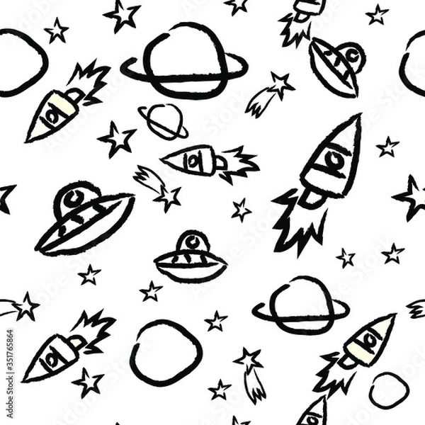 Obraz Cute Planets And Rocket Vector Pattern Seamless