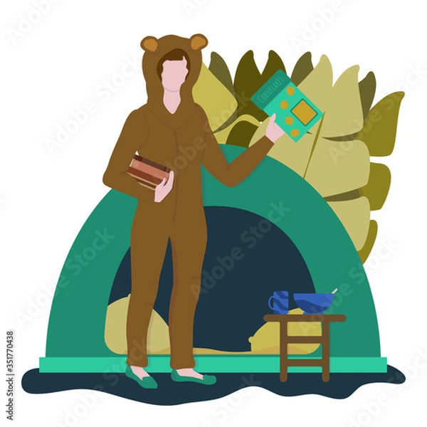 Fototapeta Cute girl reader dressed in pajamas in form of bear holds stack of books and box of cornflakes. Self-isolation during an outbreak of coronavirus. Cozy home tent. Learning and hobbies illustration.