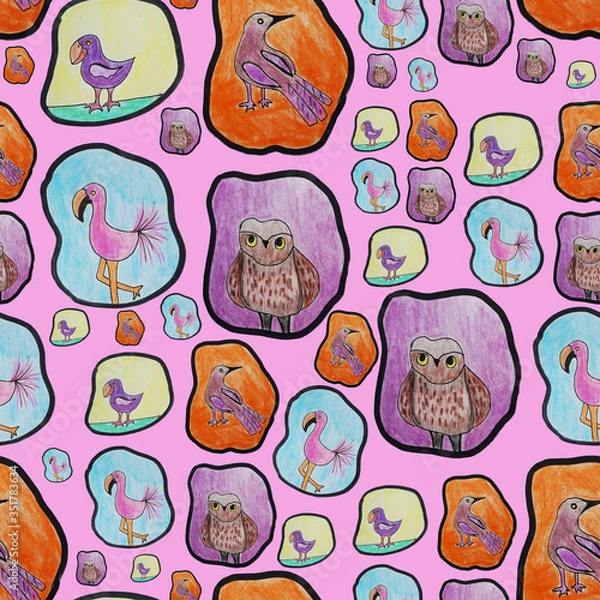 Fototapeta Cute bird watercolor pattern on beige background. Colorful birdie chick and birdhouse. Spring easter seamless pattern tile. Scandinavian ornament for kid birthday wrapping paper. Love bird wallpaper