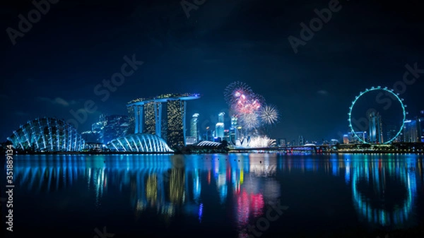 Obraz singapore skyline at night with fireworks