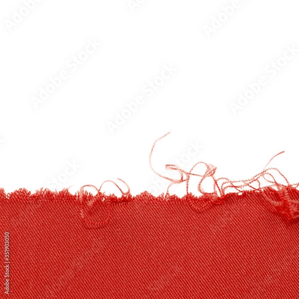 Obraz Red rag background with torn ragged edge. Fabric texture, sewing material, torn cloth. Cut piece of fabric. Frame isolated on a white background. Template, background, empty space.