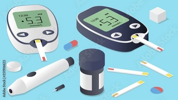 Obraz Isometric vector glucose monitoring set. Glucometer, test strips, lancet, pills and sugar cube.