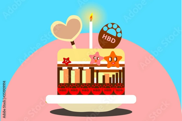 Obraz The drawing Birthday cake decorating with the light candle, a sugar cookies in heart  shaped and a  chocolate on top to celebrate the special day anniversary for background. illustration.