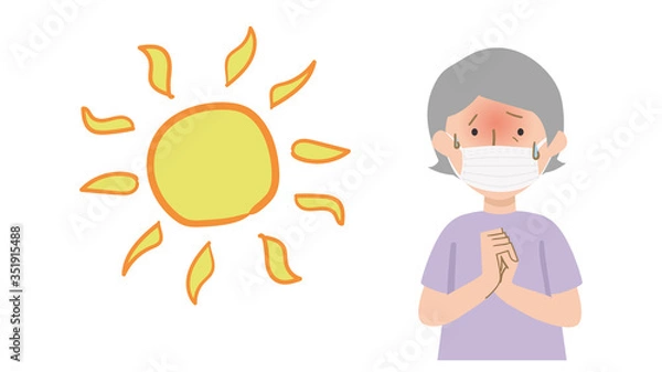 Obraz マスクをして熱中症でしんどそうなおばあちゃんのイラスト