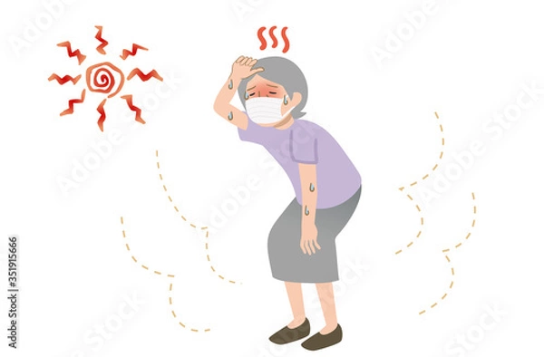 Obraz マスクをして熱中症でしんどそうなおばあちゃんのイラスト