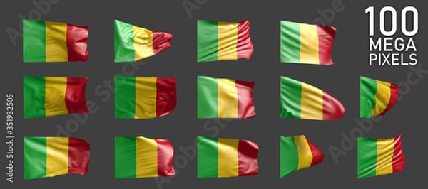 Fototapeta Mali flag isolated - different realistic renders of the waving flag on grey background - object 3D illustration